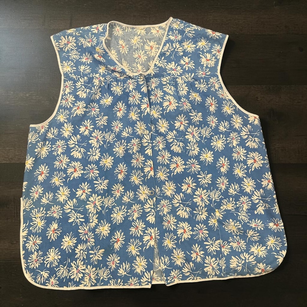 Vtg 70s Grannycore Blue Daisy Snap Front Cobbler Vest Apron Cottagecore L
